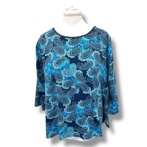 Kim Rogers Curvy Womens Plus Size Paisley 3/4 Sleeve Crew Neck Top Retro Blue 3X